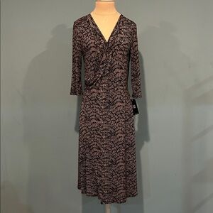 NEW Clara Sun Woo Faux Wrap Dress size XS 3/4 Sleeves Abstract Print Black Tan